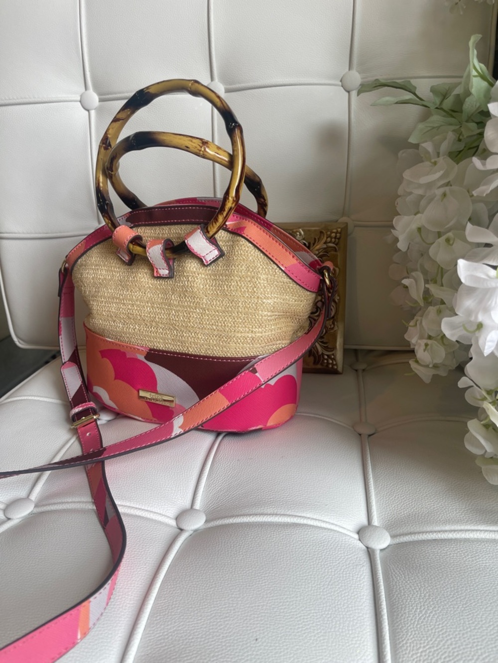 Trina Turk Rainbow Petals Floral Straw Satchel Crossbody Bag , very clean like